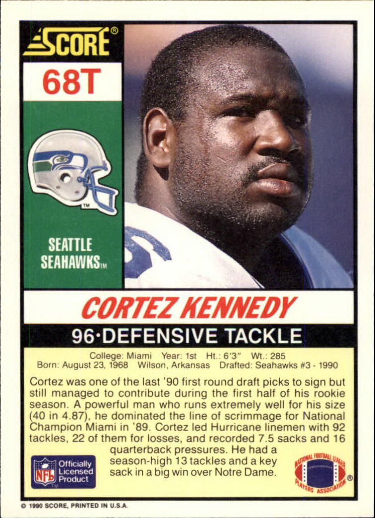 1990 Score Supplemental #68T Cortez Kennedy back image