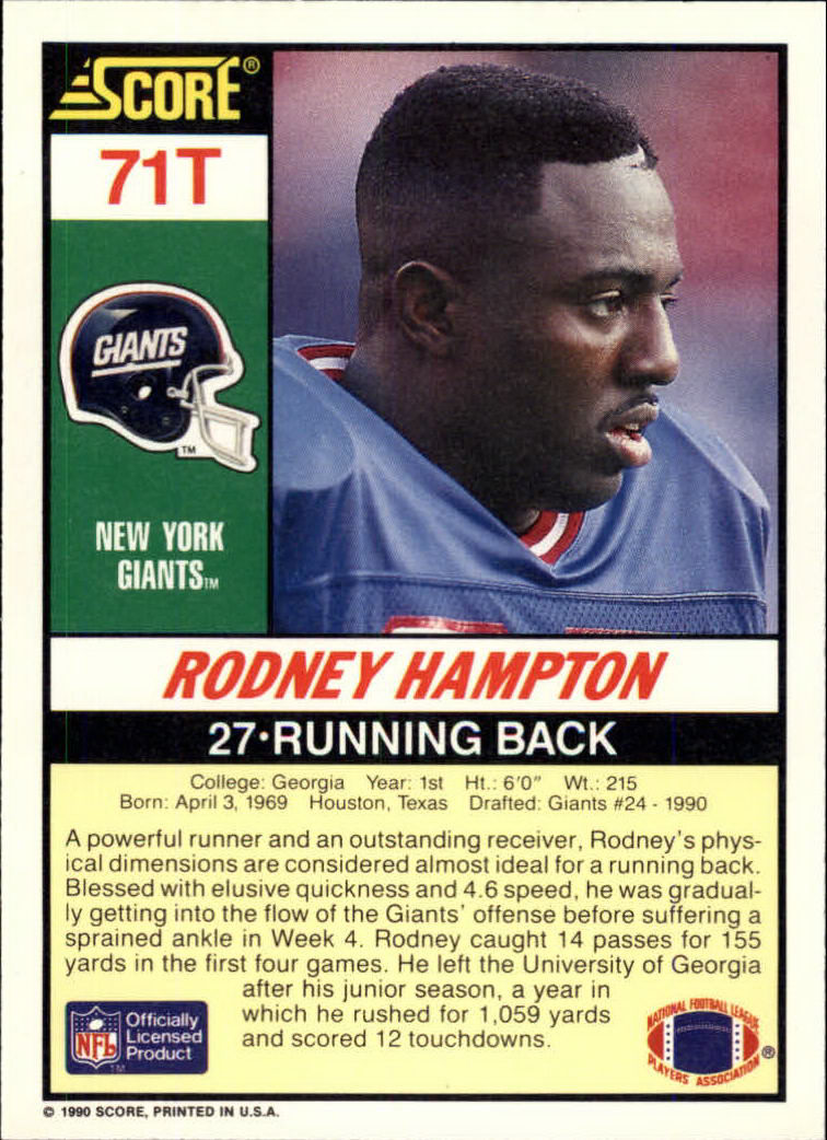 1990 Score Supplemental #71T Rodney Hampton back image