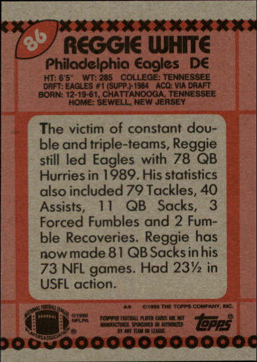 1990 Topps #86 Reggie White back image