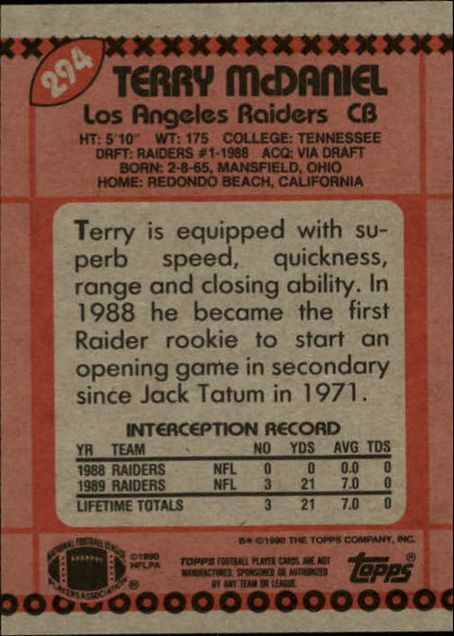 1990 Topps #294 Terry McDaniel back image