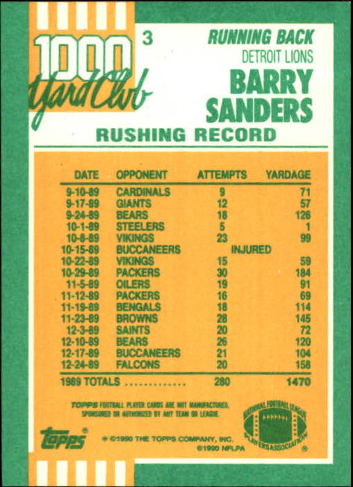 1990 Topps 1000 Yard Club #3 Barry Sanders back image