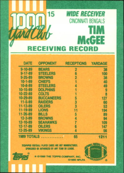 1990 Topps 1000 Yard Club #15 Tim McGee back image