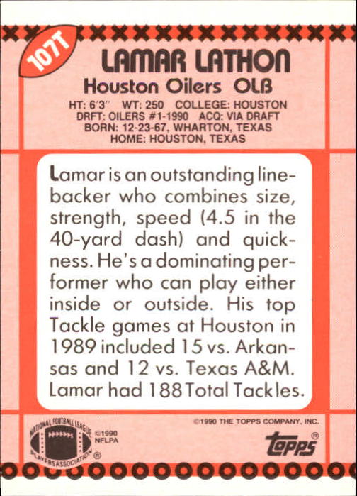 1990 Topps Traded #107T Lamar Lathon RC back image