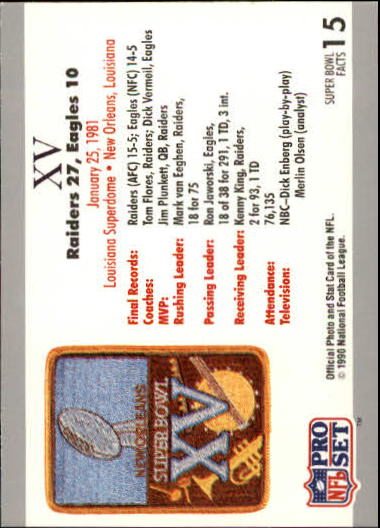 1990-91 Pro Set Super Bowl 160 #15 SB XV Ticket back image