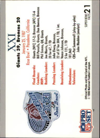 1990-91 Pro Set Super Bowl 160 #21 SB XXI Ticket back image