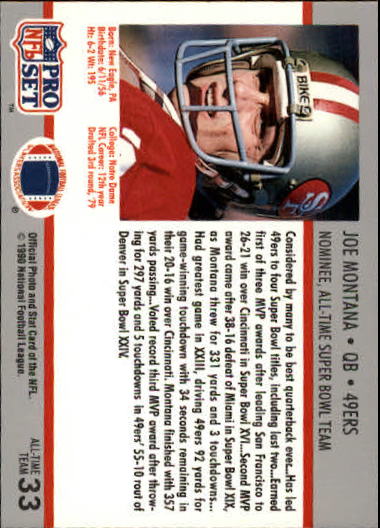 1990-91 Pro Set Super Bowl 160 #33 Joe Montana back image