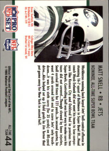 1990-91 Pro Set Super Bowl 160 #44 Matt Snell back image