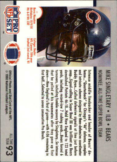 1990-91 Pro Set Super Bowl 160 #93 Mike Singletary back image