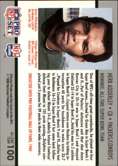 1990-91 Pro Set Super Bowl 160 #100 Herb Adderley back image
