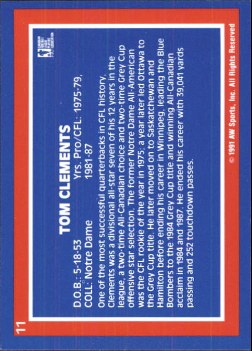 1991 All World CFL #11 Tom Clements LEG back image
