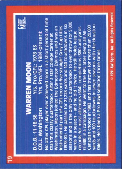 1991 All World CFL #19 Warren Moon LEG back image