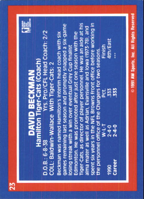 1991 All World CFL #23 David Beckman CO back image