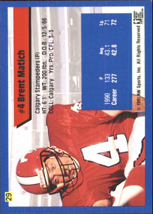 1991 All World CFL #29 Brent Matich back image