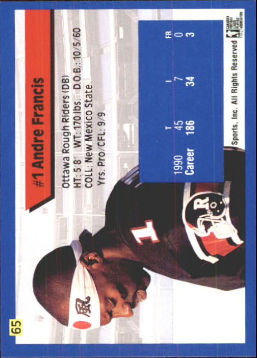 1991 All World CFL #65 Andre Francis back image