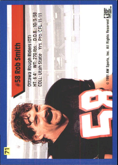 1991 All World CFL #71 Rob Smith back image