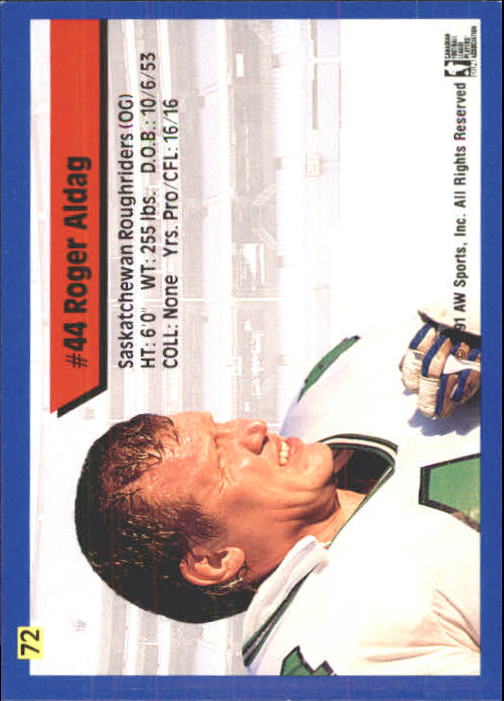 1991 All World CFL #72 Roger Aldag back image