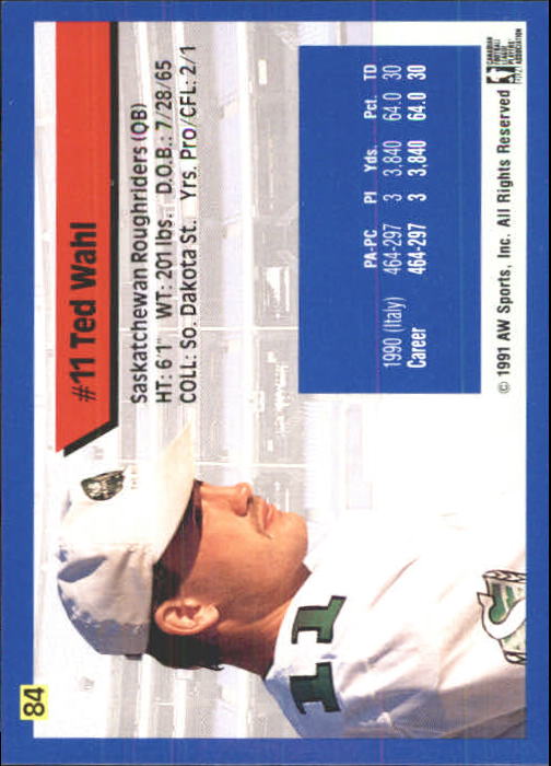 1991 All World CFL #84 Ted Wahl back image