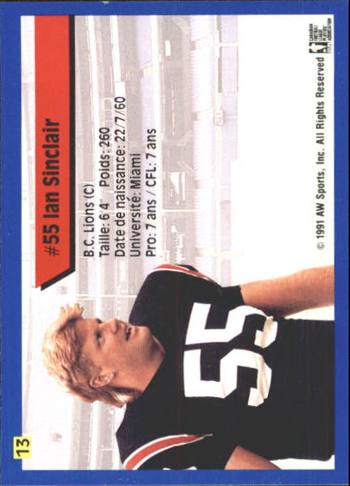 1991 All World CFL French #13 Ian Sinclair back image