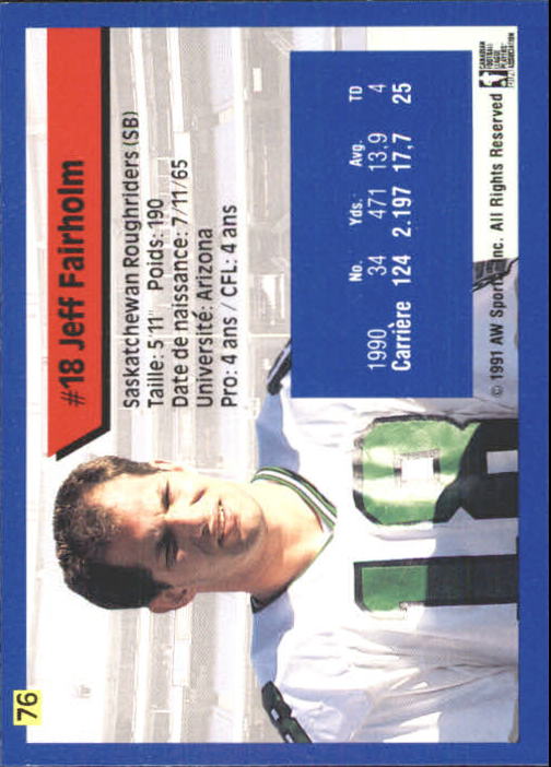 1991 All World CFL French #76 Jeff Fairholm back image