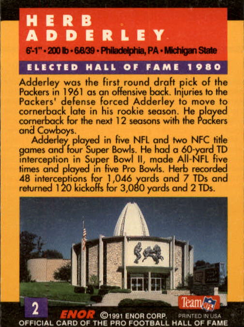 1991 ENOR Pro Football HOF #2 Herb Adderley back image