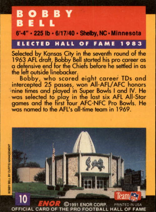 1991 ENOR Pro Football HOF #10 Bobby Bell back image