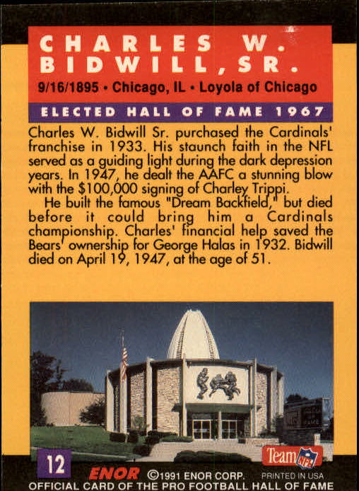 1991 ENOR Pro Football HOF #12 Charles W. Bidwill OWN back image