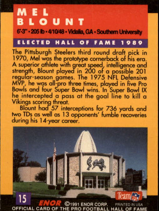 1991 ENOR Pro Football HOF #15 Mel Blount back image