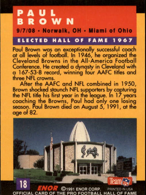 1991 ENOR Pro Football HOF #18 Paul Brown CO OWN FND back image