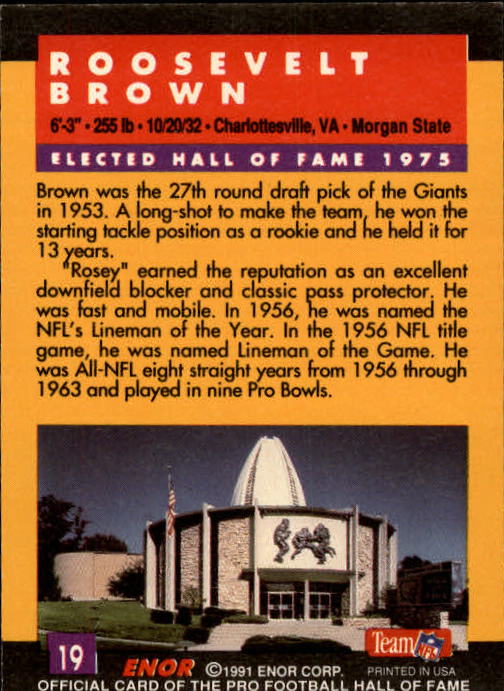 1991 ENOR Pro Football HOF #19 Roosevelt Brown back image