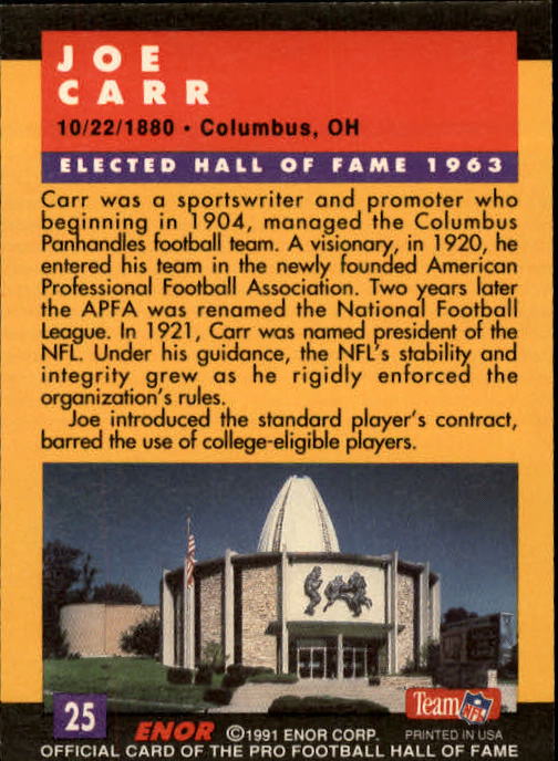 1991 ENOR Pro Football HOF #25 Joe Carr PRES back image