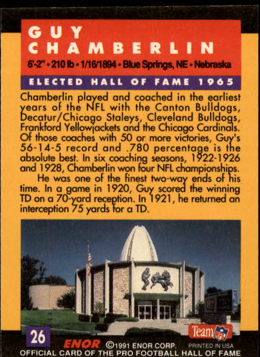 1991 ENOR Pro Football HOF #26 Guy Chamberlin back image