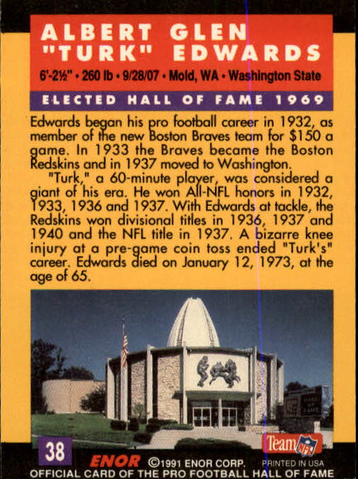 1991 ENOR Pro Football HOF #38 Turk Edwards back image