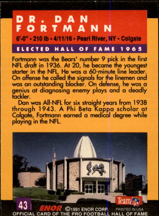 1991 ENOR Pro Football HOF #43 Dan Fortmann back image