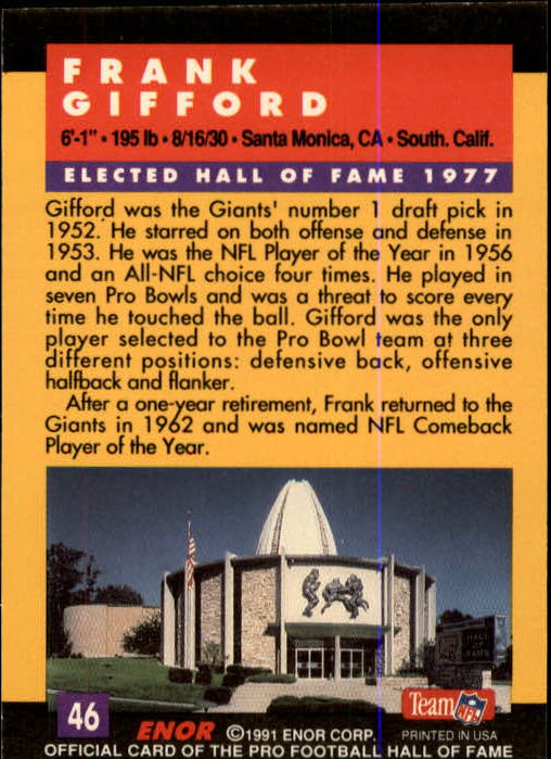 1991 ENOR Pro Football HOF #46 Frank Gifford back image