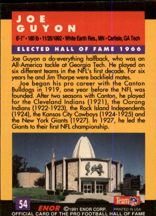 1991 ENOR Pro Football HOF #54 Joe Guyon back image