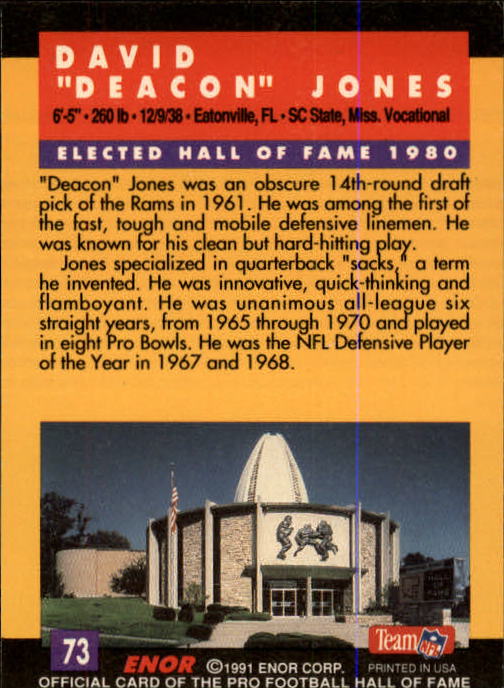 1991 ENOR Pro Football HOF #73 Deacon Jones back image