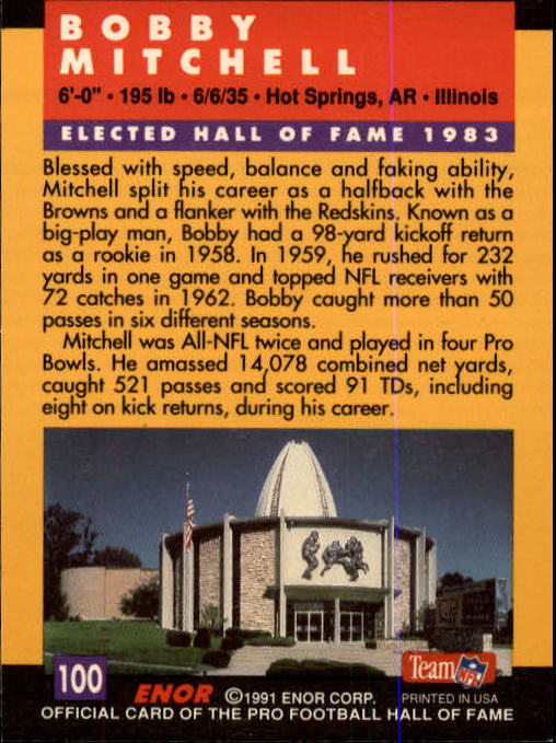 1991 ENOR Pro Football HOF #100 Bobby Mitchell back image