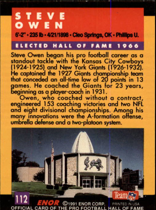 1991 ENOR Pro Football HOF #112 Steve Owen CO back image