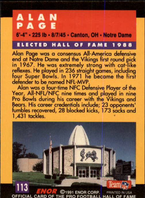 1991 ENOR Pro Football HOF #113 Alan Page back image