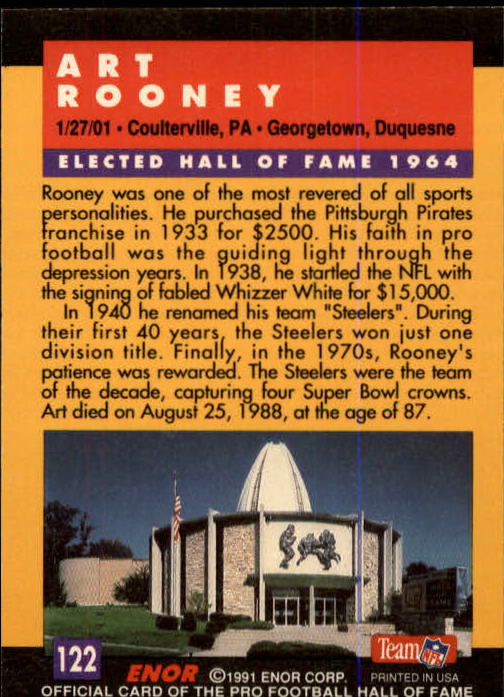 1991 ENOR Pro Football HOF #122 Art Rooney FOUND/ADMIN back image