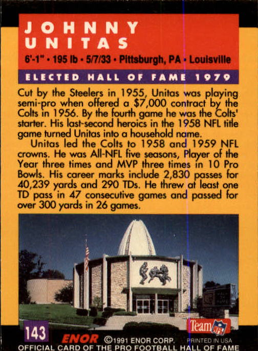 1991 ENOR Pro Football HOF #143 Johnny Unitas back image