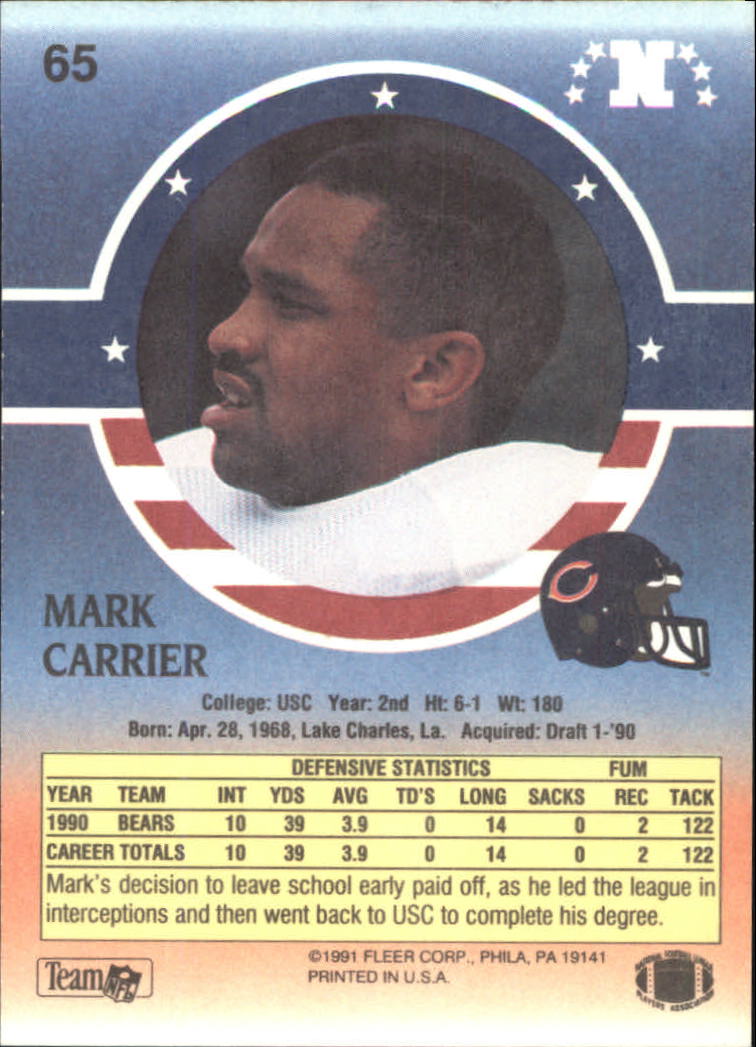 1991 Fleer Stars and Stripes #65 Mark Carrier DB back image