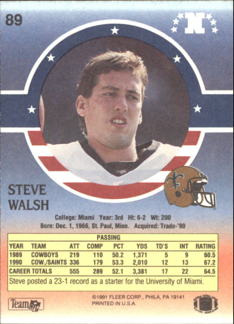 1991 Fleer Stars and Stripes #89 Steve Walsh back image