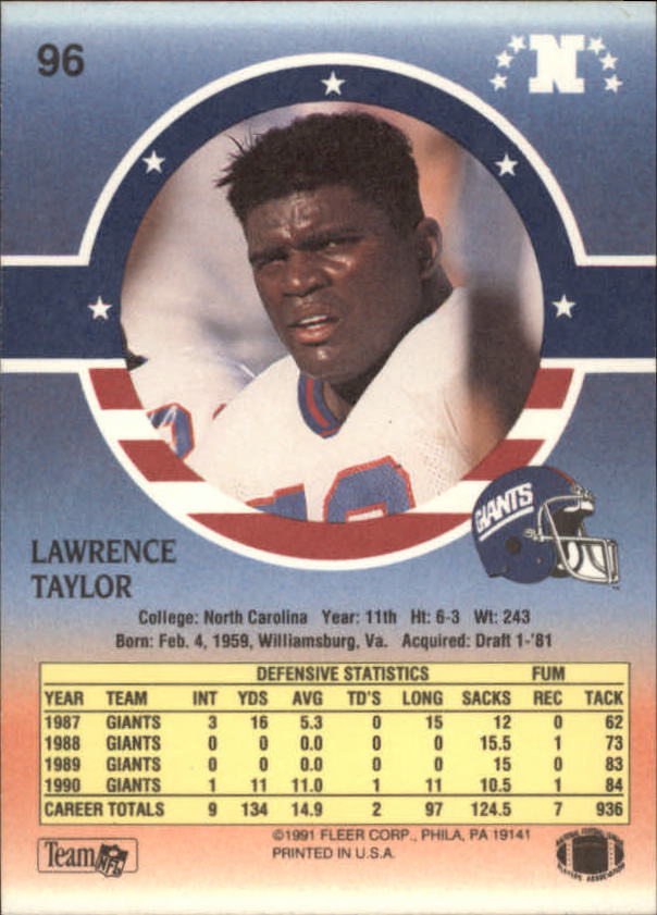 1991 Fleer Stars and Stripes #96 Lawrence Taylor back image