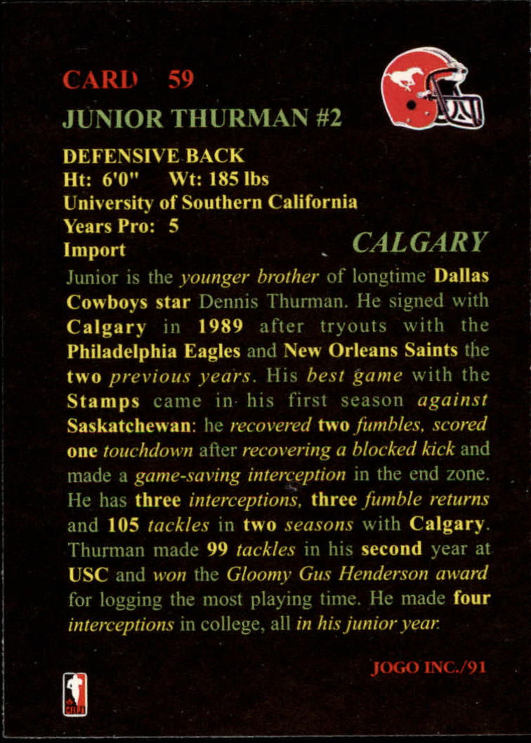 1991 JOGO #59 Junior Thurman back image