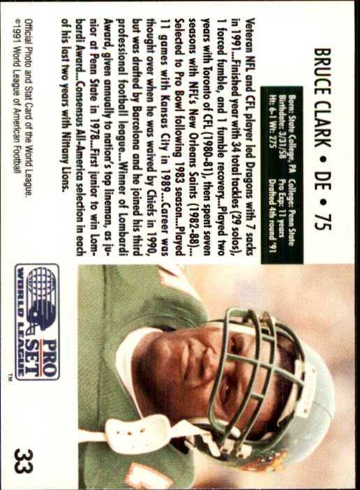 1991 Pro Set WLAF 150 #33 Bruce Clark back image