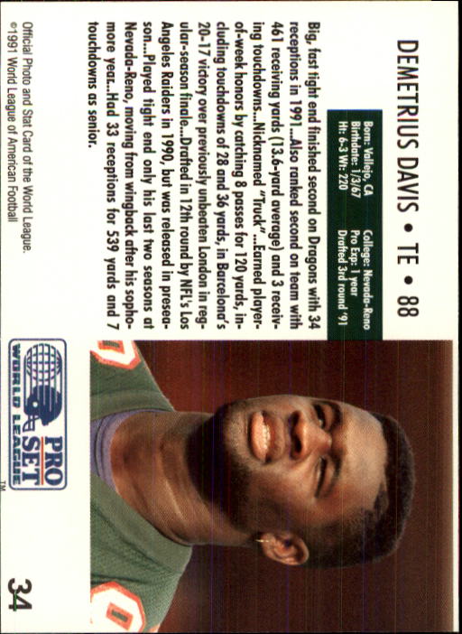 1991 Pro Set WLAF 150 #34 Demetrius Davis back image