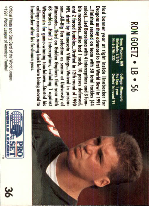 1991 Pro Set WLAF 150 #36 Ron Goetz back image