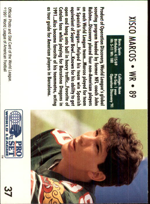 1991 Pro Set WLAF 150 #37 Xisco Marcos back image