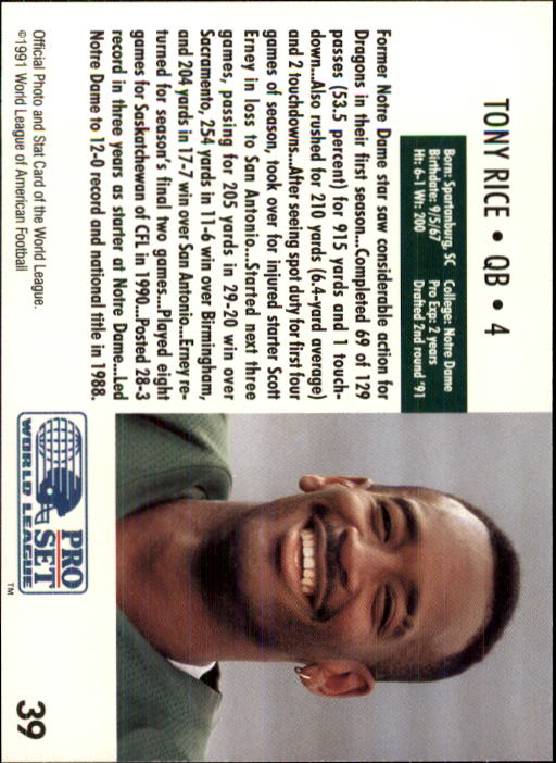1991 Pro Set WLAF 150 #39 Tony Rice back image